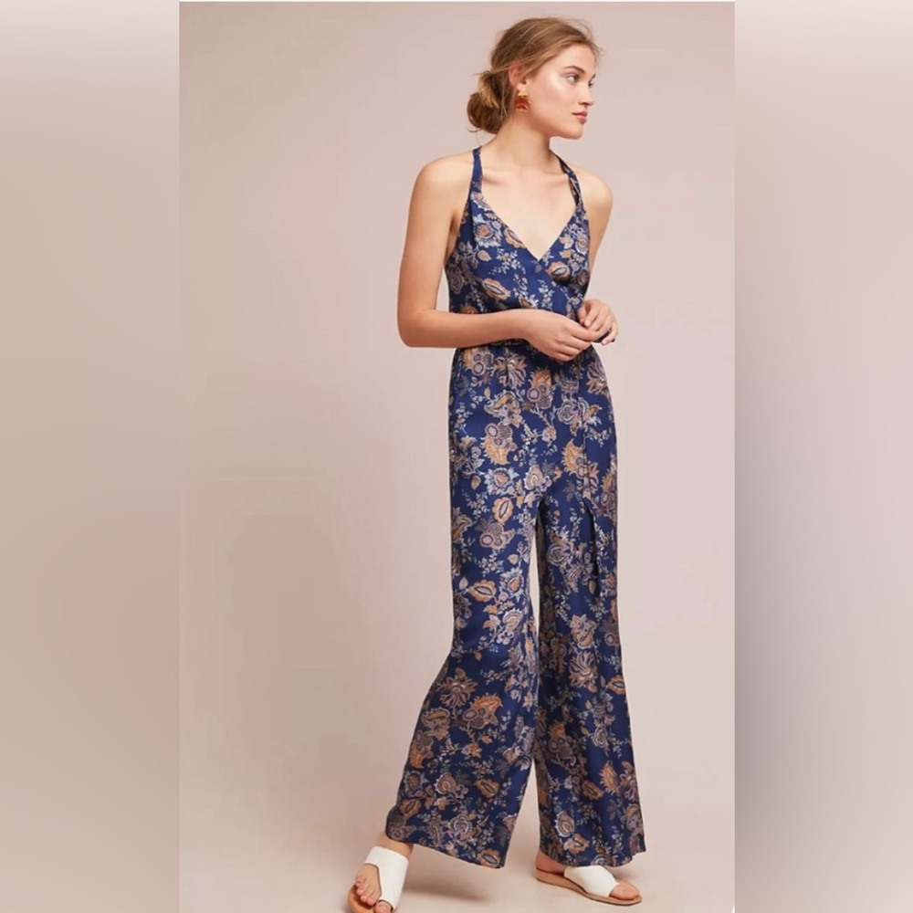 Anthropologie Ett:Twa Brand Floral Paisley Surplice Wrap Belted Jumpsuit